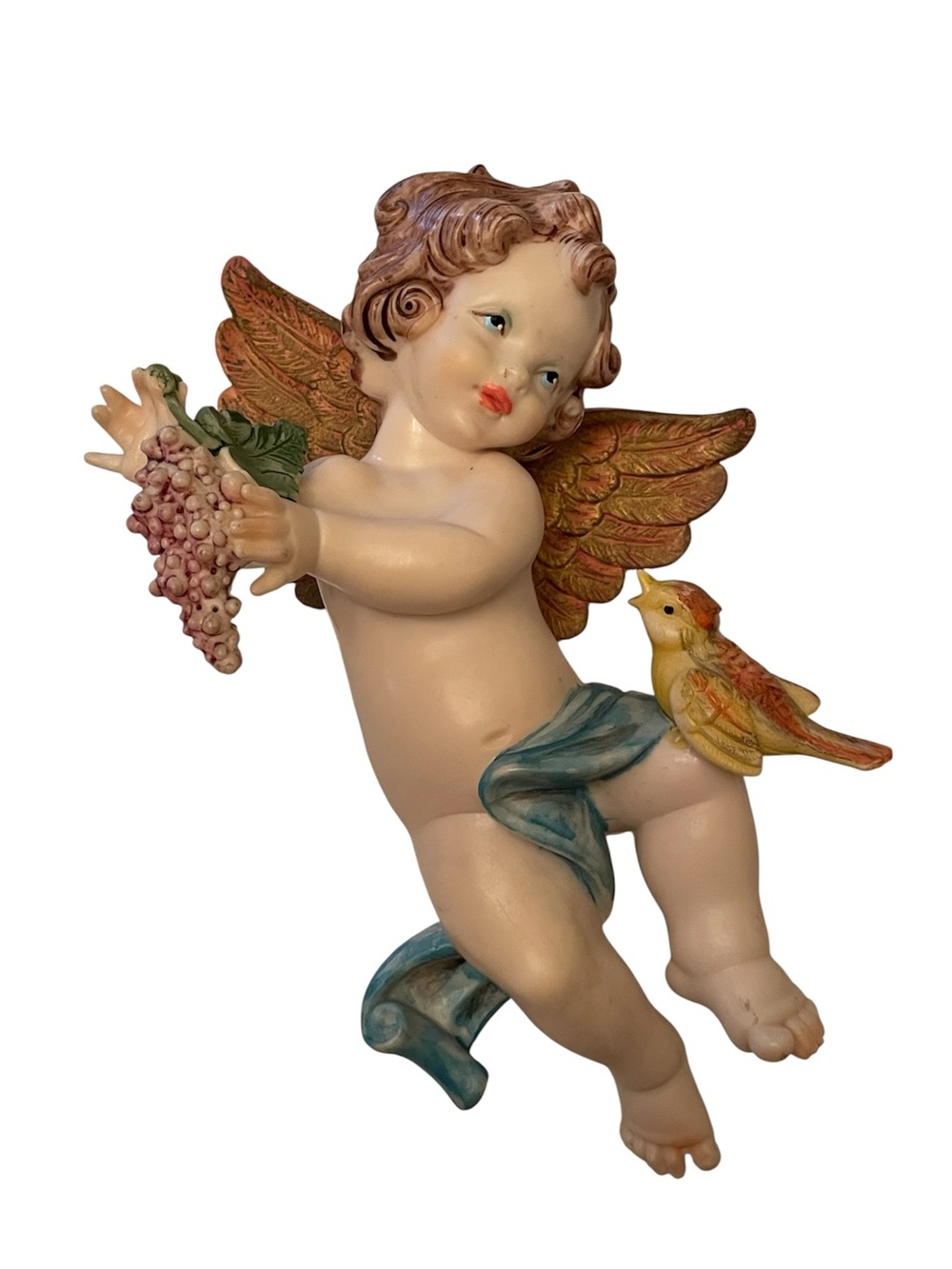 Vintage Italian cherub angel figurine holding grapes bird wall hanging decor